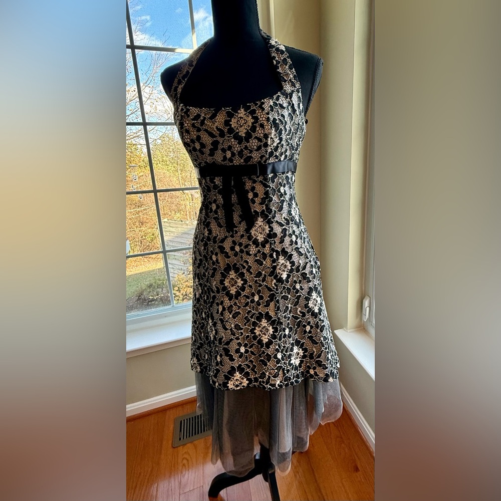 Caché Black Lace Halter Dress with Satin Waist & Tulle Hem - Size 2